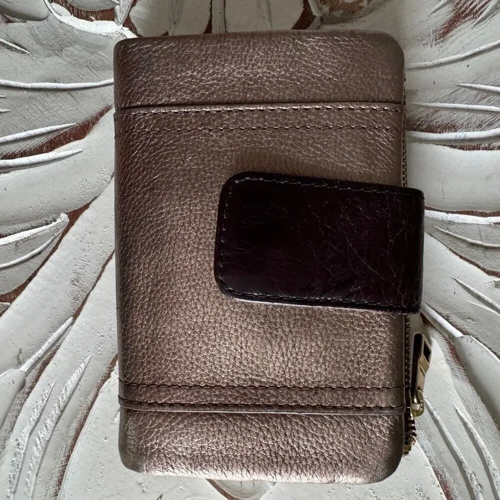 Fossil Ellis multifunction leather tri-fold wallet in brown and metallic taupe